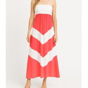 J Mode dress coral pink/white chevron striped strapless bandeau top maxi SZ LG
